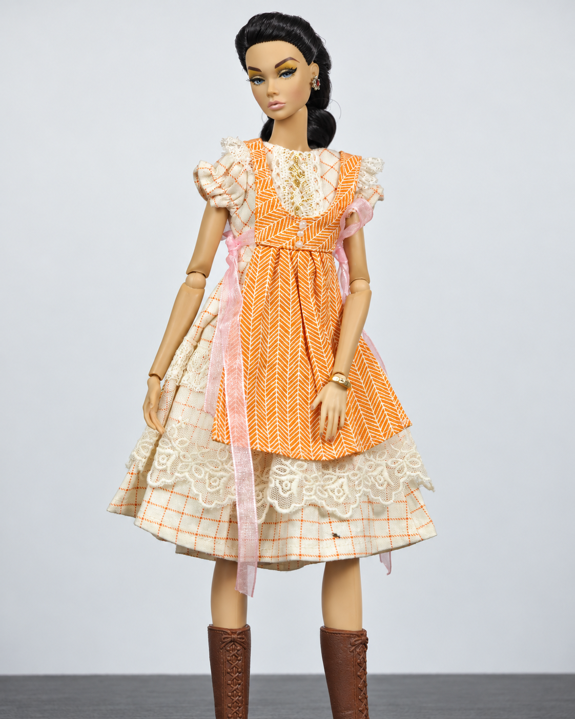 Set A orange patterned pinafore and lace details