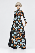 Saigon by Night 05 — Aqua & Amber Floral, high collar áo dài with black trousers; 1:6 doll clothing set