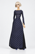 Saigon by Night 06 — Navy Polka Dot, boat neck áo dài with black trousers; 1:6 doll clothing set