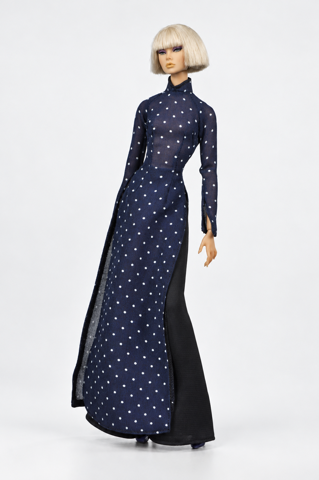 Saigon by Night 07 — Navy Polka Dot, high collar áo dài with black trousers; 1:6 doll clothing set