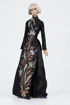 Saigon by Night 08 — Ornamental Noir, high collar áo dài with black trousers; 1:6 doll clothing set
