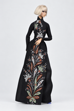 Saigon by Night 08 — Ornamental Noir, high collar áo dài with black trousers; 1:6 doll clothing set