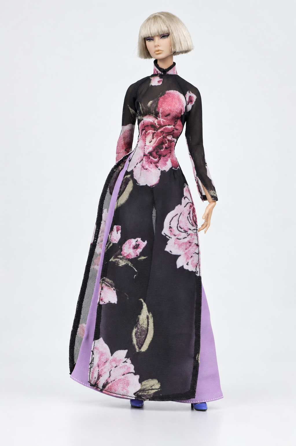 Saigon by Night 11 — Pink Rose & Lilac, high collar áo dài with lilac trousers; 1:6 doll clothing set