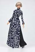 Saigon by Night 14 — Indigo Leaf, high collar áo dài and black trousers for 1:6 dolls
