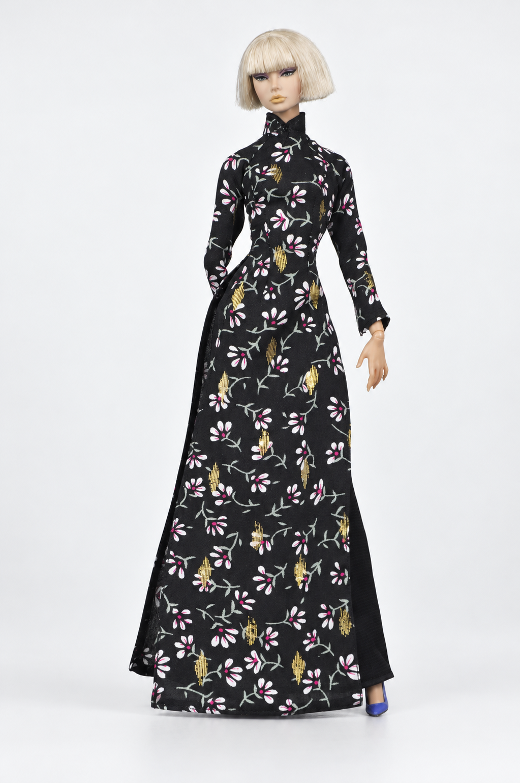 Saigon by Night 19 — Midnight Wildflower, high collar áo dài and black trousers for 1:6 dolls