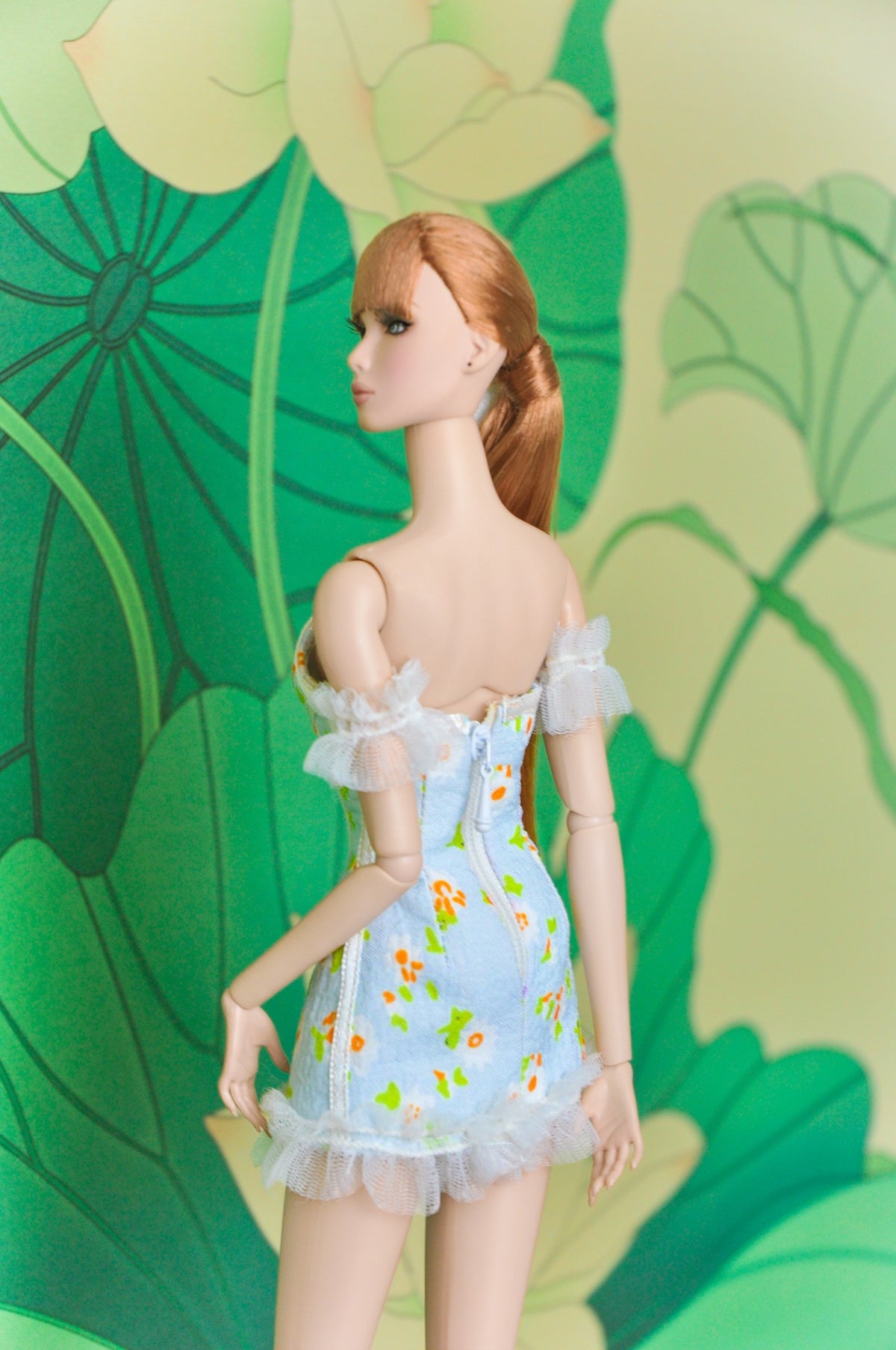 Back view of the Spring Aura floral corset mini dress for 1:6 Fashion Royalty dolls