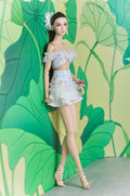 Spring Aura pale blue floral bow top and ruffle skirt two-piece set for Fashion Royalty dolls