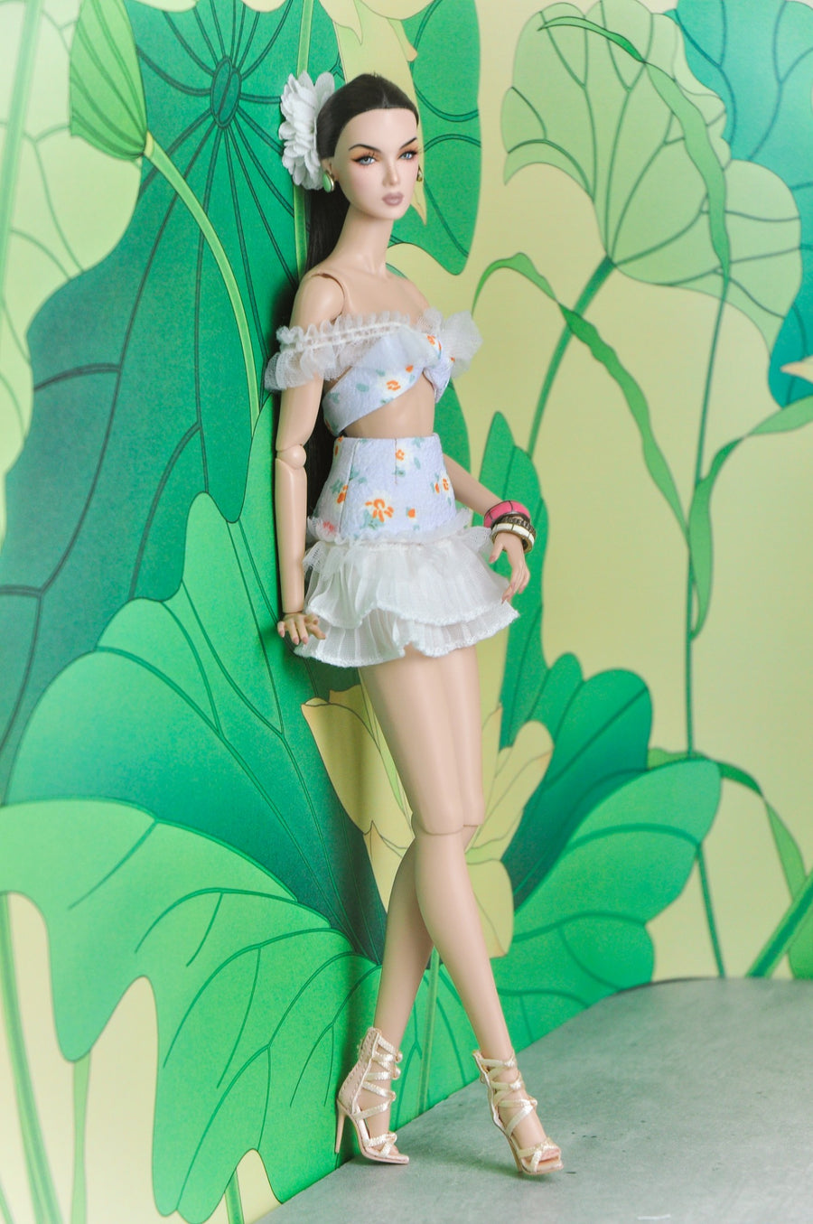 Spring Aura pale blue floral bow top and ruffle skirt two-piece set for Fashion Royalty dolls