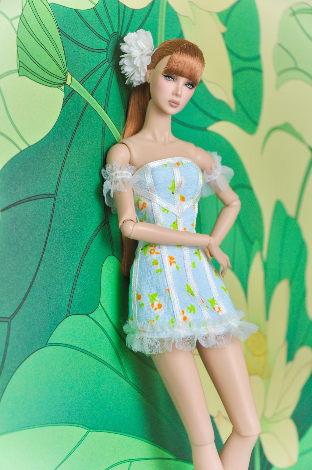 Spring Aura pale blue floral corset mini dress, three-quarter view