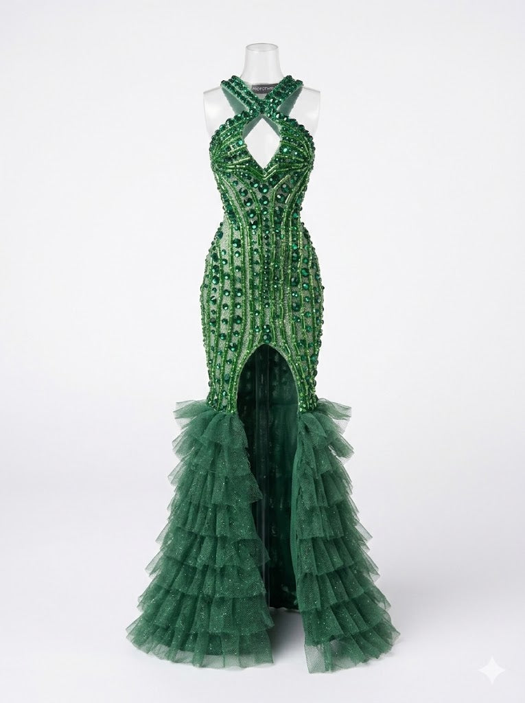 HAUTE | Emerald Siren Gown – Couture Beaded Evening Dress for 1/6 Fashion Doll | Plastiktiara Doll Clothes