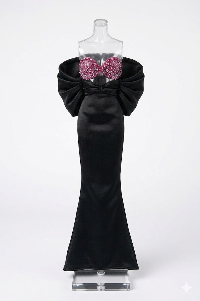 HAUTE | Black Satin Siren Gown with Crystal Pink Bustier – OOAK 1/6 Doll Clothes