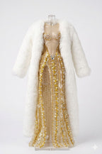 AURA COLLECTION | Golden Radiance High-Slit Gown with Fur Wrap for 1/6 Fashion doll clothes