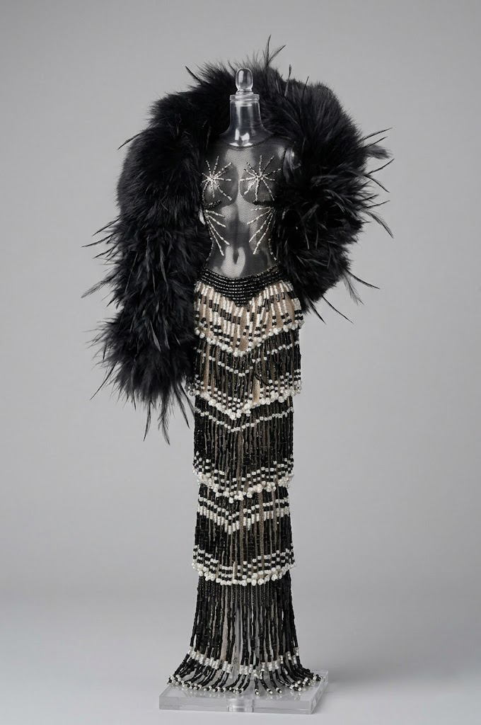 AURA COLLECTION | Noir Eclipse Beaded Gown with Feather Stole for 1/6 Fashion doll clothes