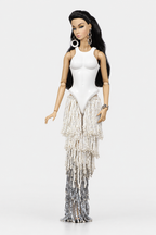 Front view of a white fitted doll bodice with pointed waist and a floor-length skirt of layered bead fringe.