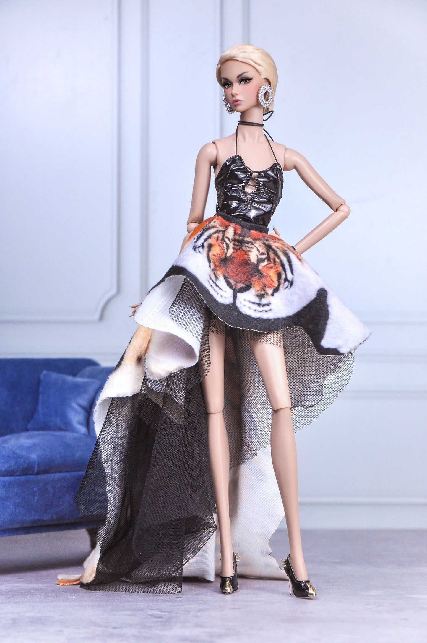 STYLE LAB | "Tigerette" - Patent leather dress with matching tiger print skirt for Fashion Royalty & NU Face doll