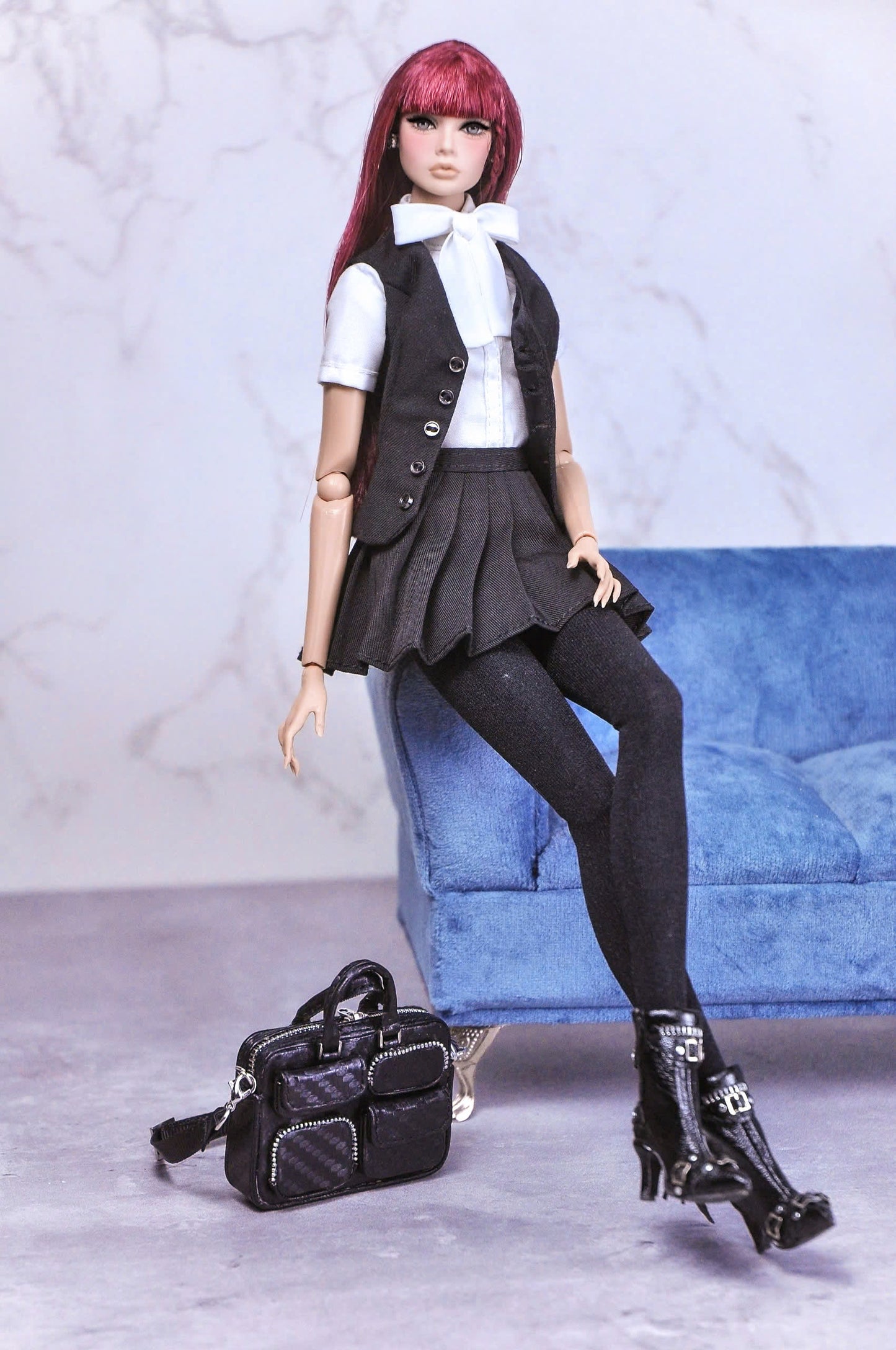 STYLE LAB | Bow-collar blouse with matching waistcoat and pleated skirt for Fashion Royalty & NU FACE doll