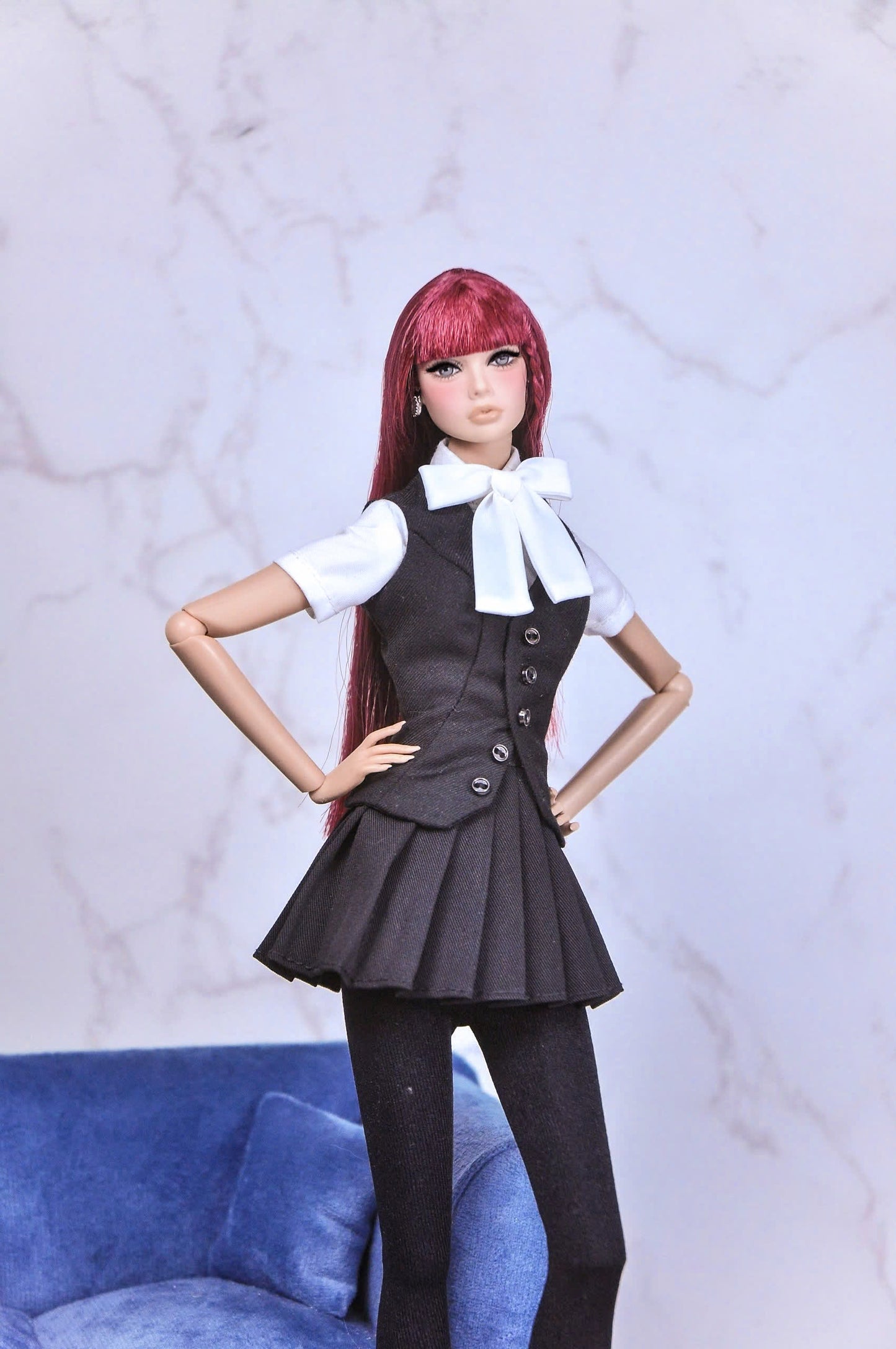 STYLE LAB | Bow-collar blouse with matching waistcoat and pleated skirt for Fashion Royalty & NU FACE doll