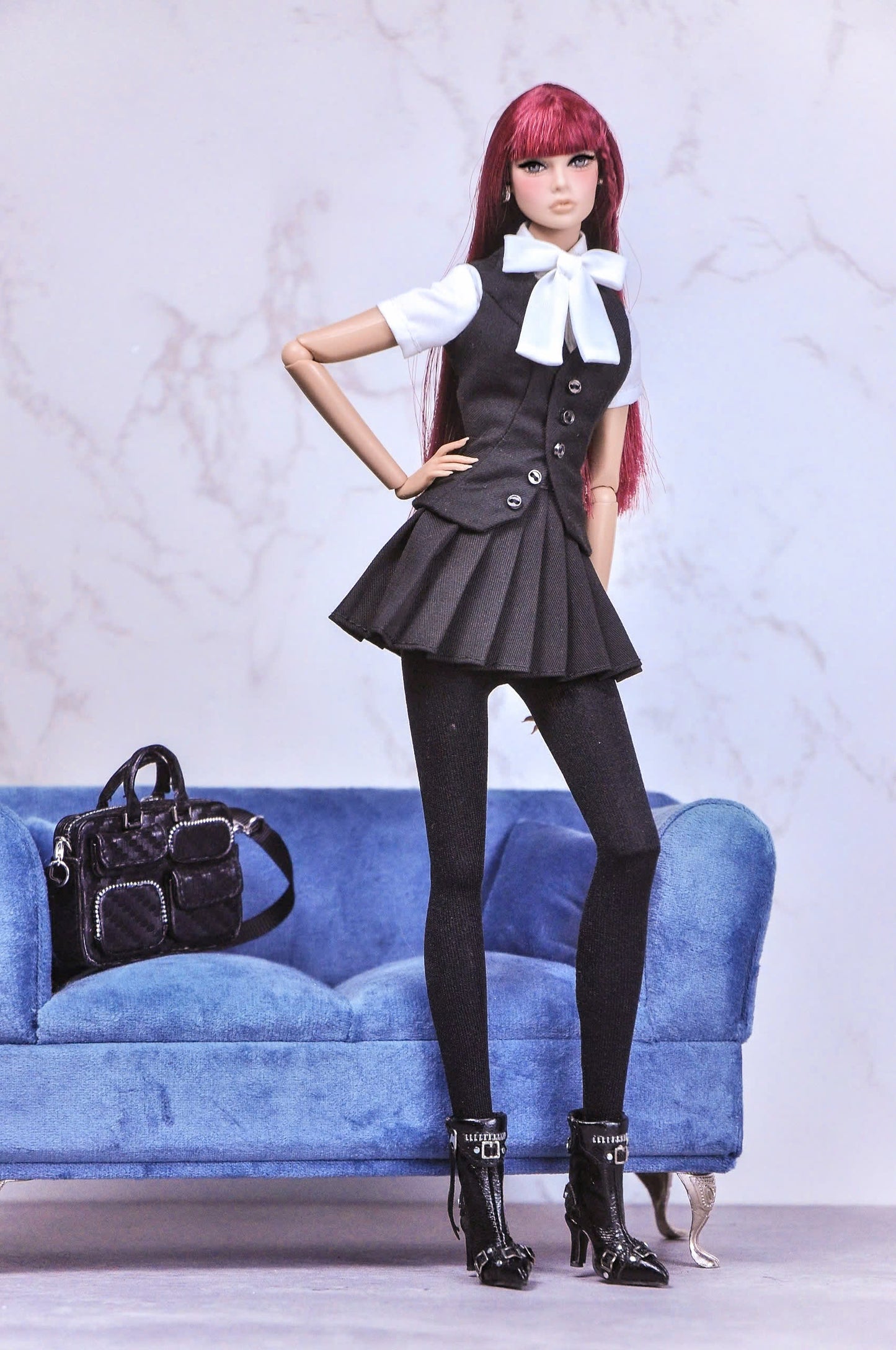 STYLE LAB | Bow-collar blouse with matching waistcoat and pleated skirt for Fashion Royalty & NU FACE doll