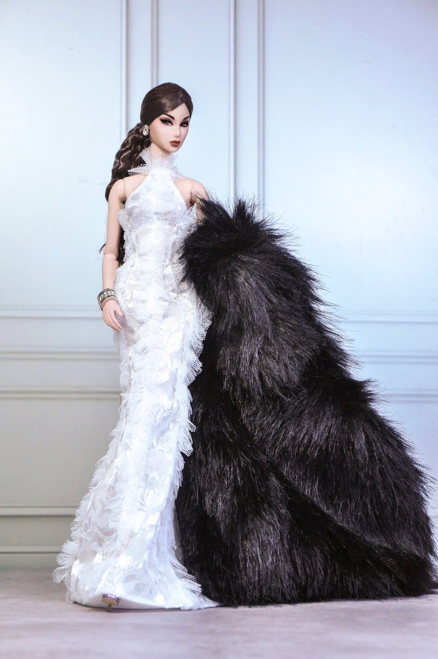 HAUTE |. Ruffle halter neck gown with optional fur coat for Fashion Royalty & NU FACE 6.0 doll