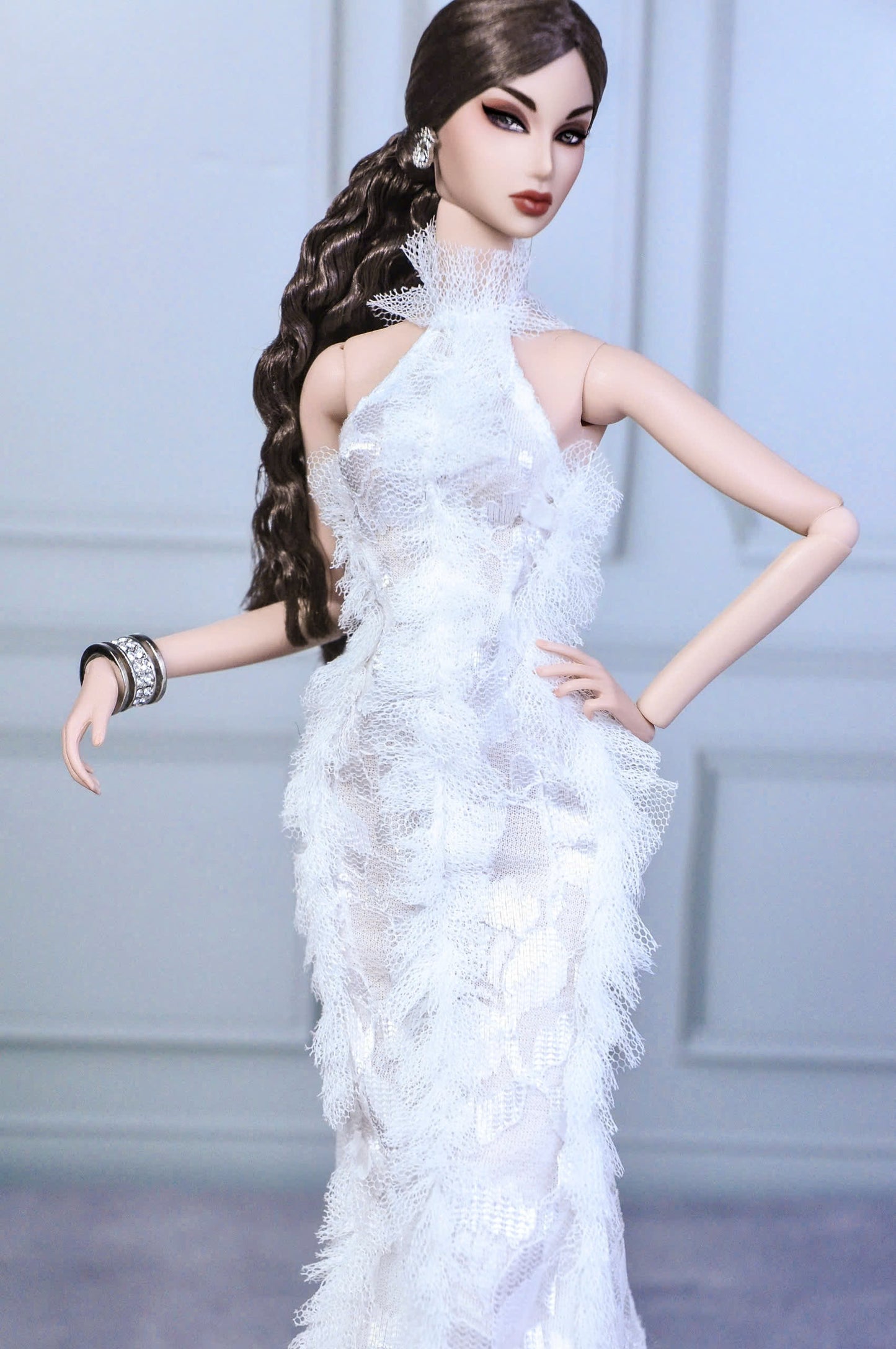 HAUTE |. Ruffle halter neck gown with optional fur coat for Fashion Royalty & NU FACE 6.0 doll