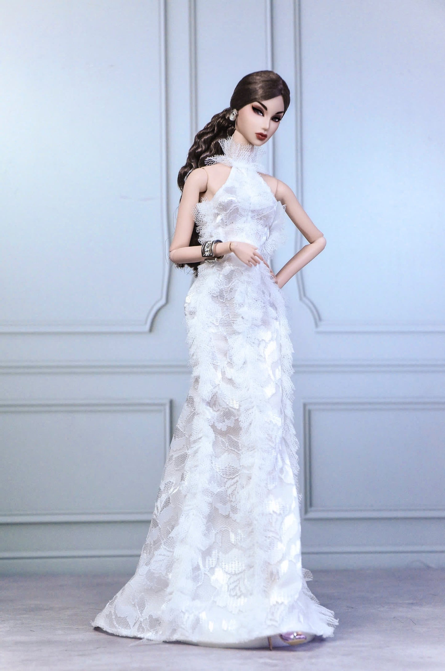 HAUTE |. Ruffle halter neck gown with optional fur coat for Fashion Royalty & NU FACE 6.0 doll