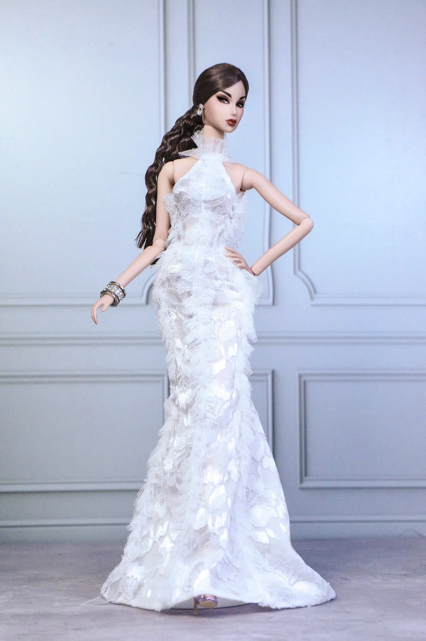 HAUTE |. Ruffle halter neck gown with optional fur coat for Fashion Royalty & NU FACE 6.0 doll