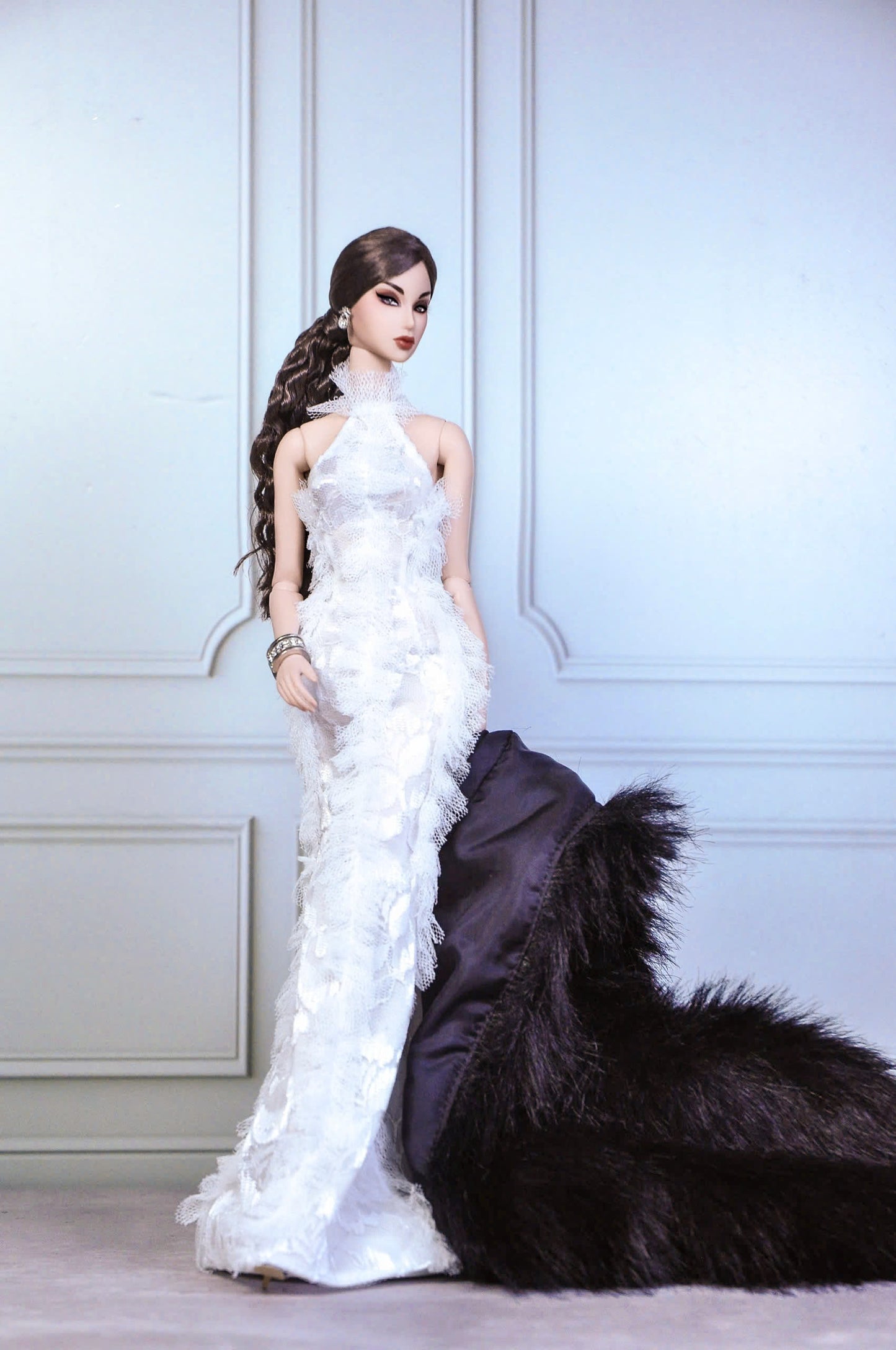 HAUTE |. Ruffle halter neck gown with optional fur coat for Fashion Royalty & NU FACE 6.0 doll