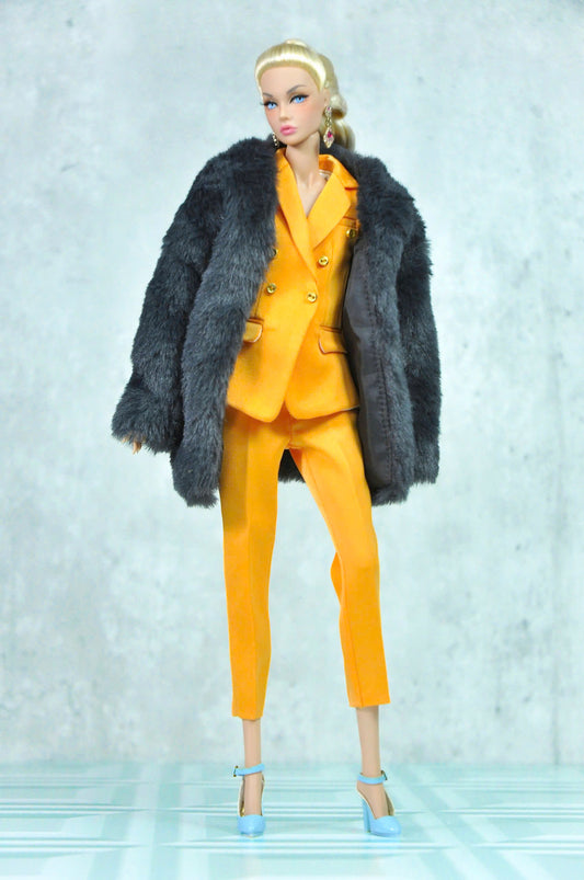 STYLE LAB | Silk Burnt-orange suit for Fashion Royalty FR 6.0 & NU FACE doll (Fur coat optional)